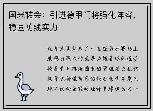 国米转会：引进德甲门将强化阵容，稳固防线实力